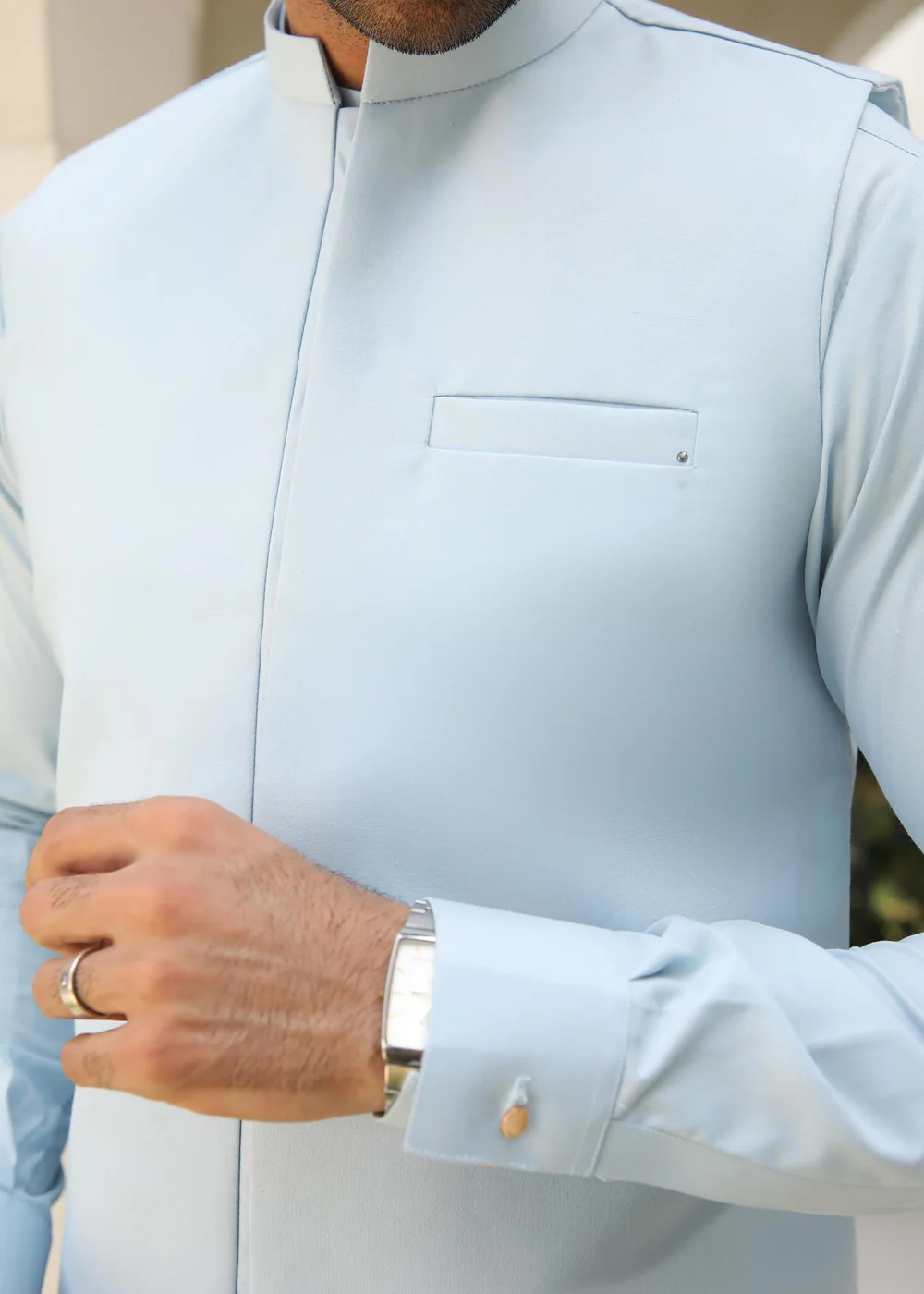 Sky Blue Kurta Trouser with Waistcoat - Image 2