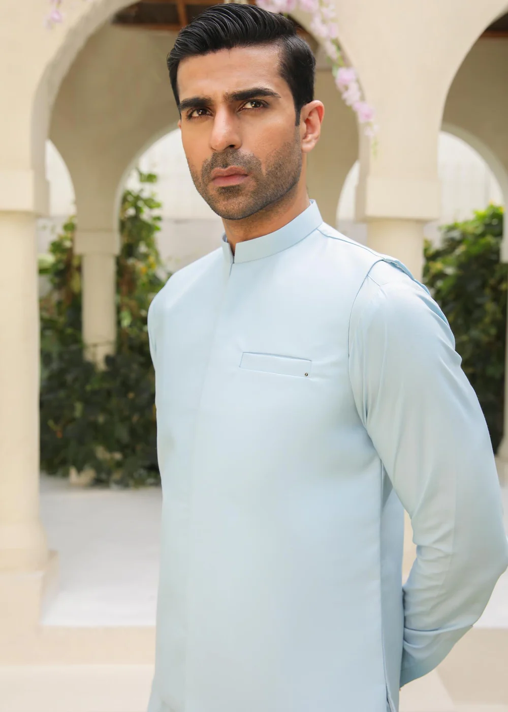 Sky Blue Kurta Trouser with Waistcoat - Image 3