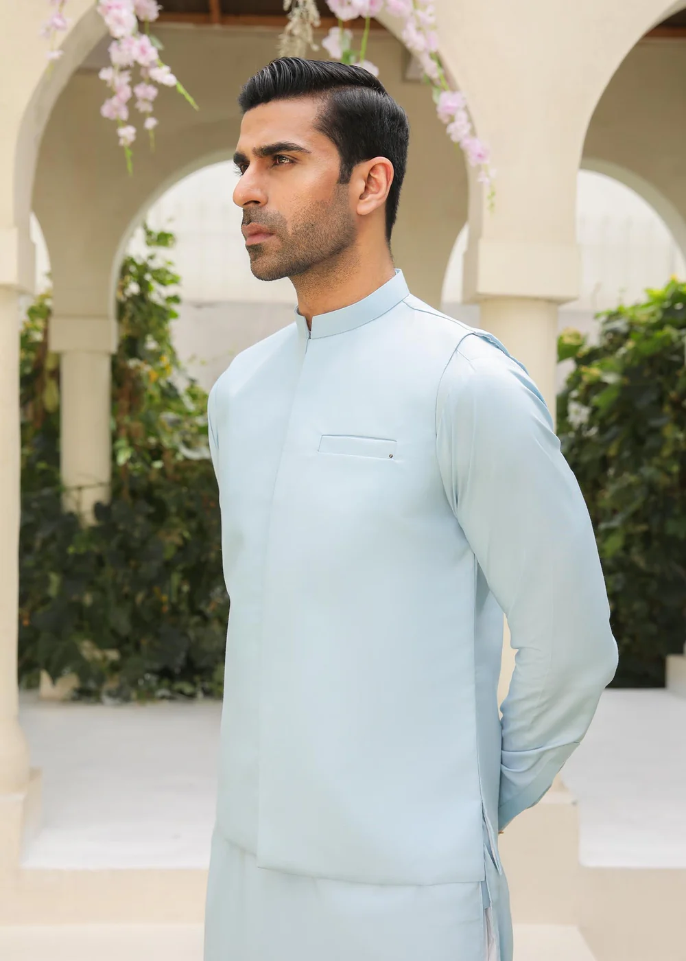 Sky Blue Kurta Trouser with Waistcoat - Image 4