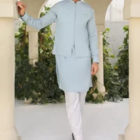 Sky Blue Kurta Trouser with Waistcoat