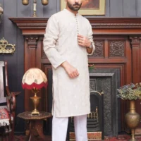 MEN'S OFF WHITE CHICKEN KURTA- 2 Piec