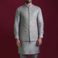 Ash Grey Kurta & Waistcoat Set