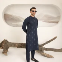 Navy Blue Embroidered Cotton Kurta Trouser - Men
